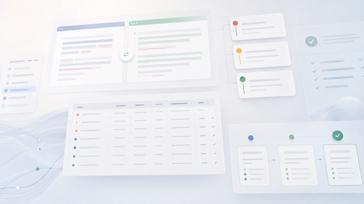 Abstract QA workflow visual with redline panels, issue cards, and an implementation checklist.